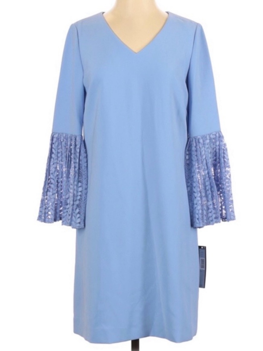 Tahari new Light Blue V-Neck Shift Dress with Lace Bell Sleeves